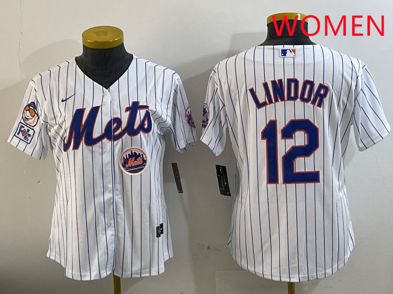 Women New York Mets #12 Lindor White Stirpe Game Fashion 2025 Nike MLB Jersey style 4->women mlb jersey->Women Jersey